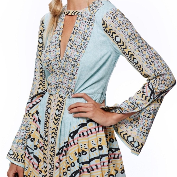 Free People Teagan Blue Bell Sleeve Mini Dress 0